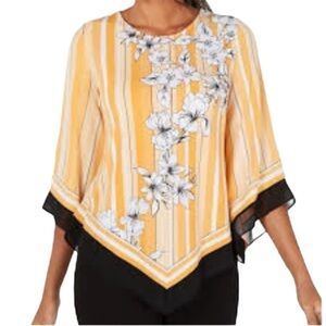 Alfani Floral Stripe Asymmetric Hem Stretch Womens Top PS Yellow Black White